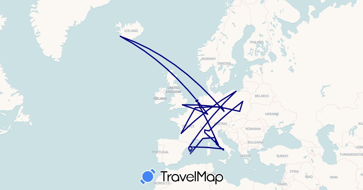TravelMap itinerary: driving in Belgium, Czech Republic, Germany, Spain, France, United Kingdom, Iceland, Italy, Netherlands, Poland (Europe)